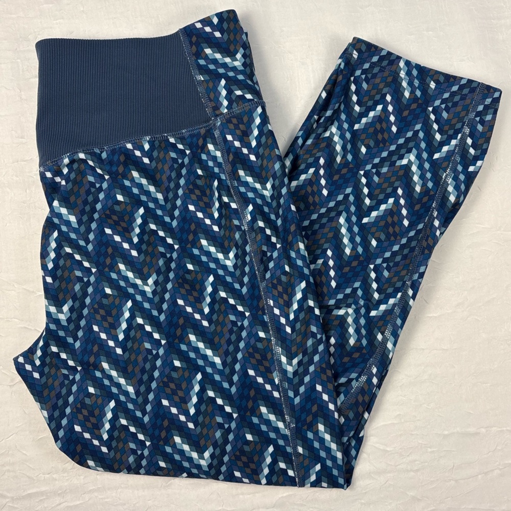 Nike Women’s Dri-FIT Blue Geometric Leggings Capri Size Large Activewear